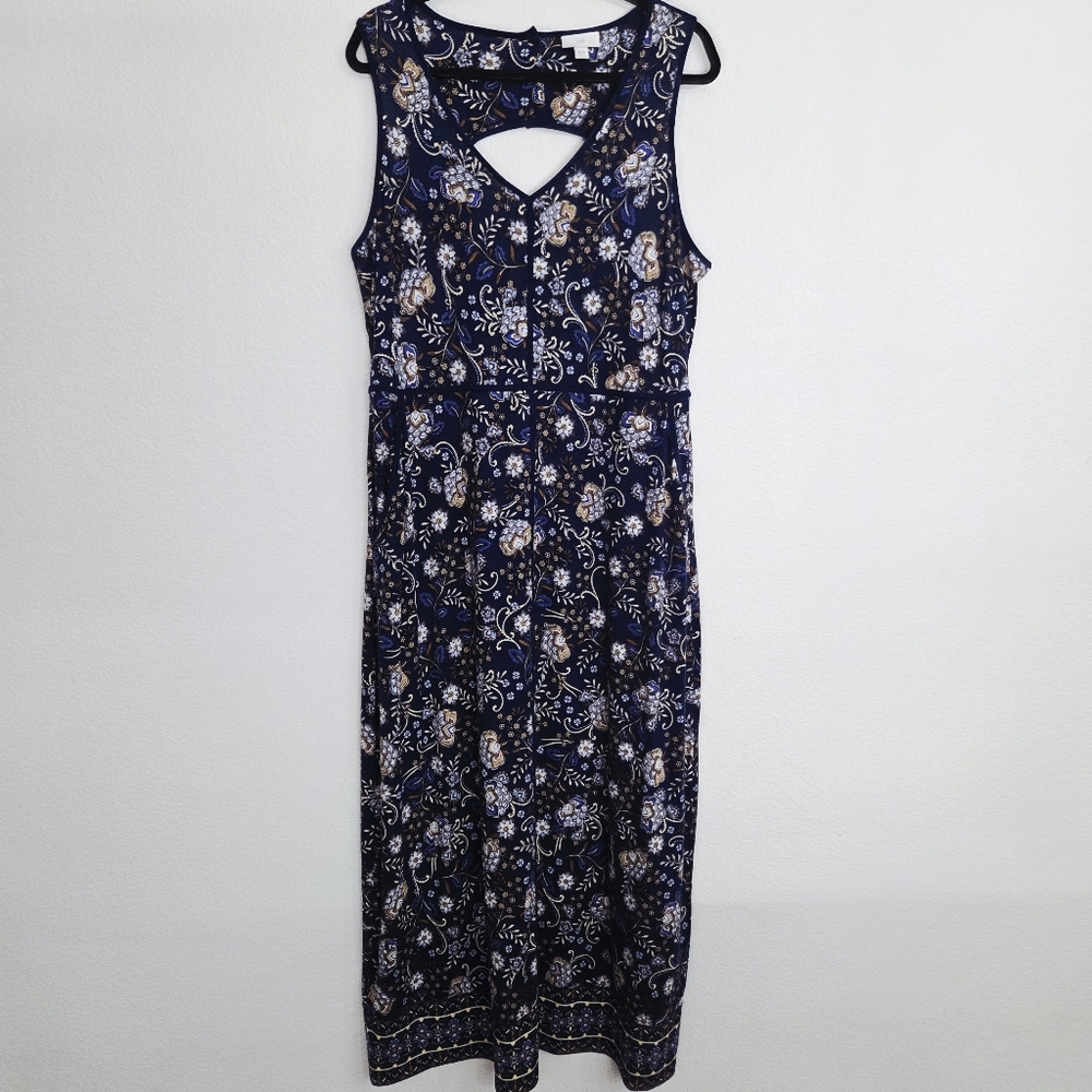 J Jill Floral Paisley Sleeveless Maxi Jersey Knit Dress size Large Keyhole Back
